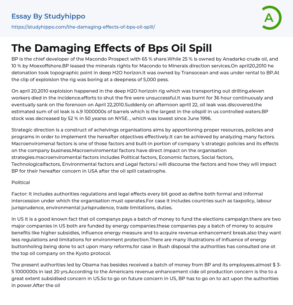 The Damaging Effects of Bps Oil Spill Essay Example