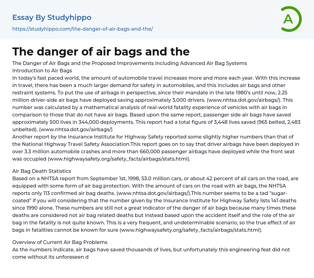 The danger of air bags and the Essay Example