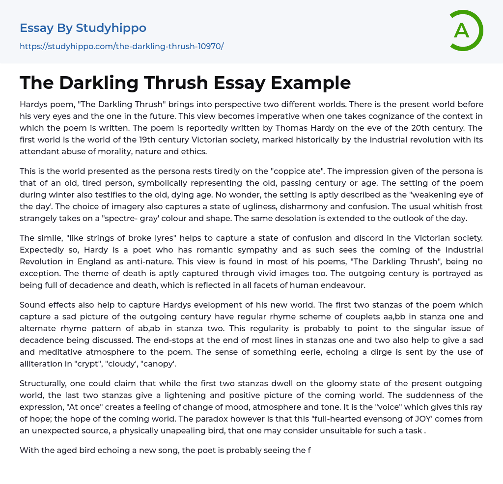 The Darkling Thrush Essay Example