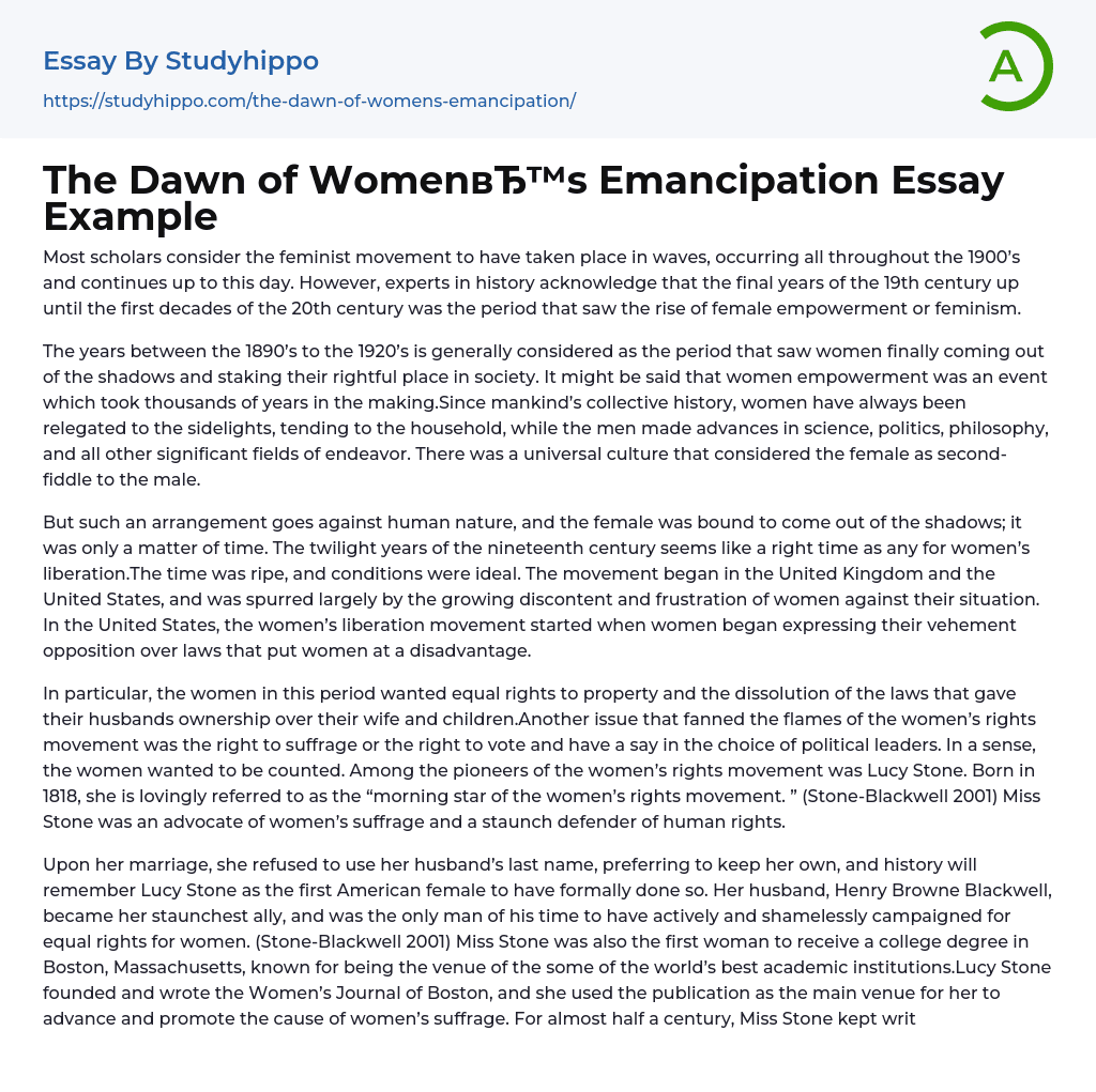 The Dawn of Women’s Emancipation Essay Example
