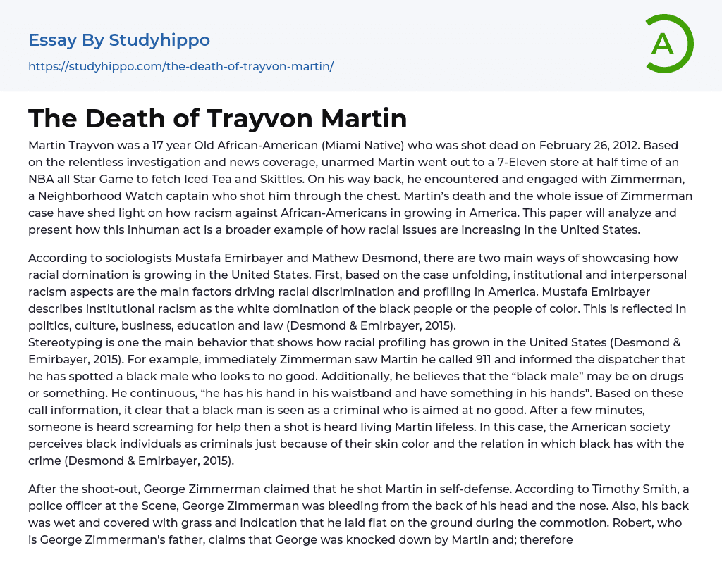 The Death of Trayvon Martin Essay Example