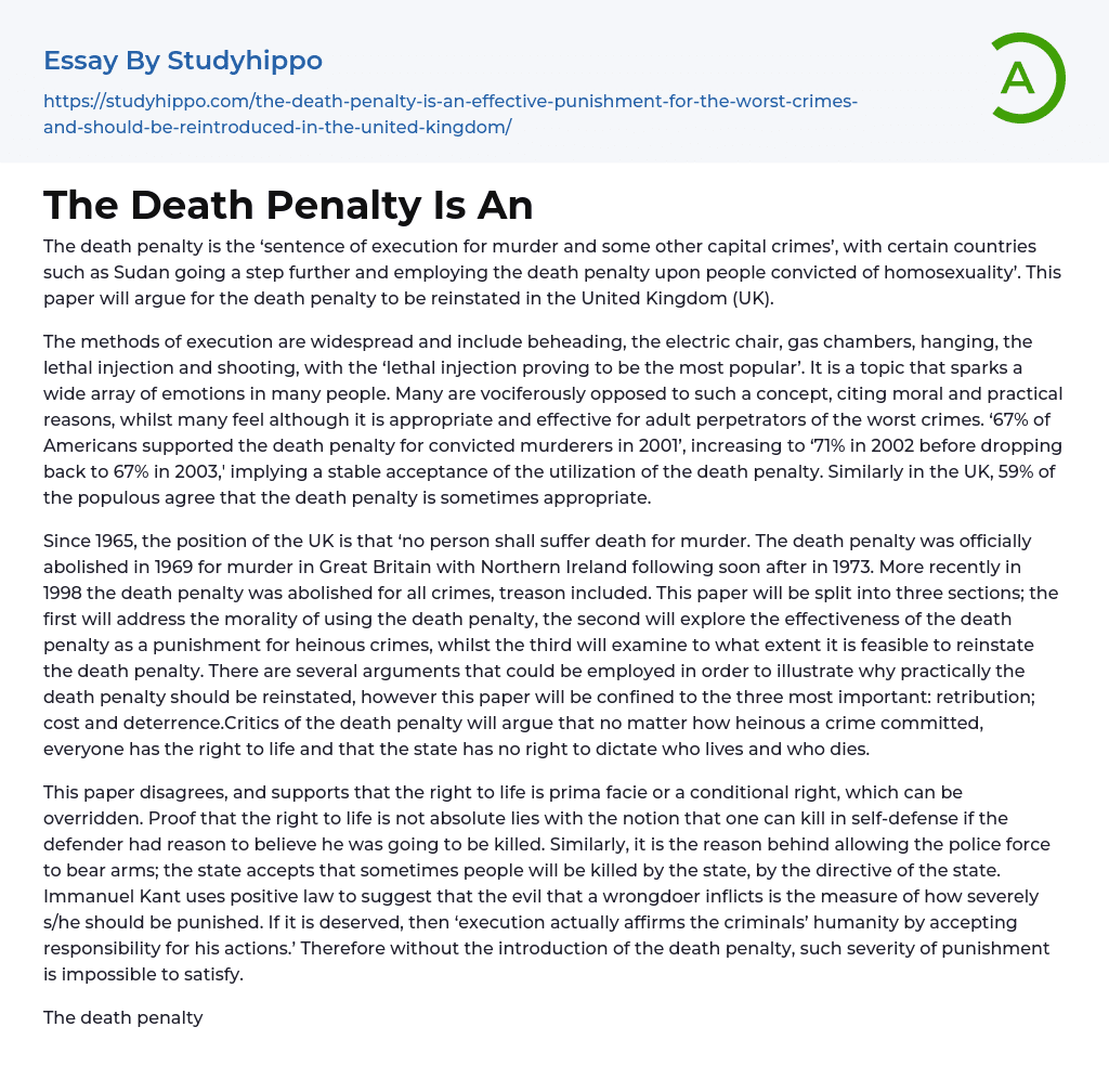 The Death Penalty Is An Essay Example