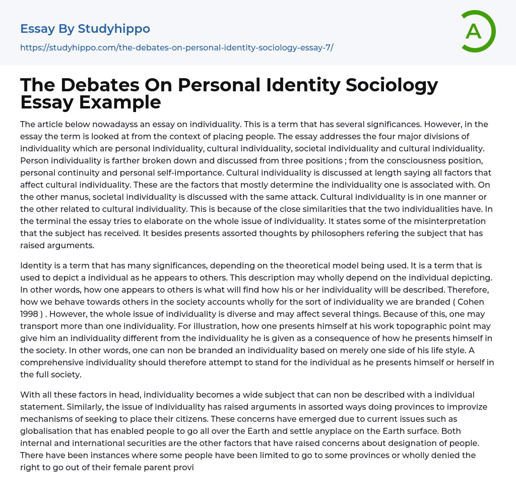 The Debates On Personal Identity Sociology Essay Example