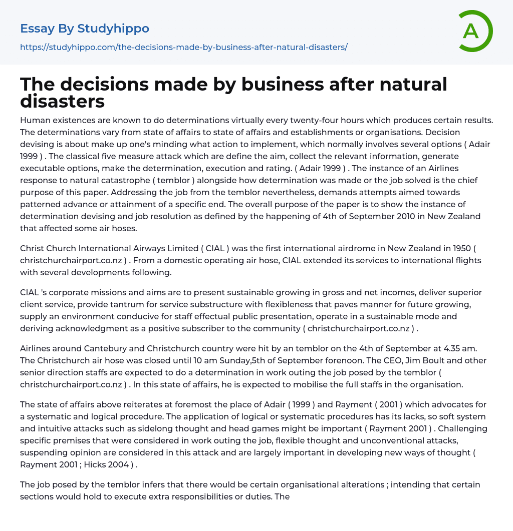 The decisions made by business after natural disasters Essay Example