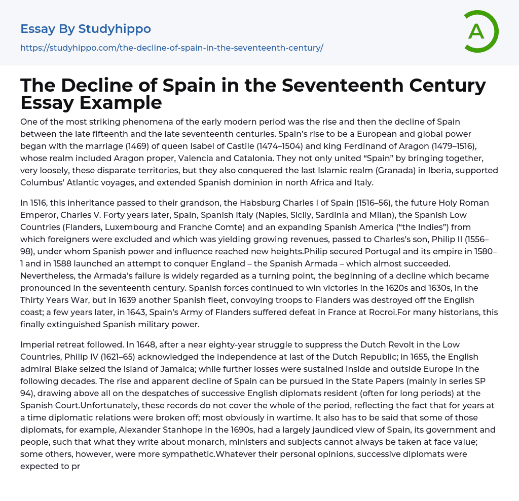 The Decline of Spain in the Seventeenth Century Essay Example