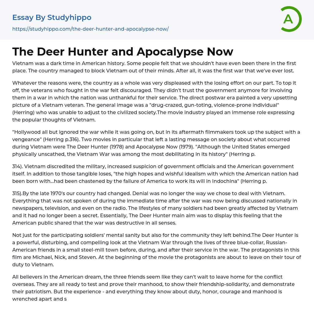 The Deer Hunter and Apocalypse Now Essay Example