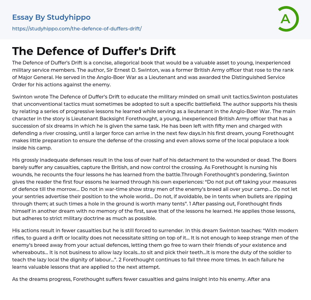The Defence of Duffer’s Drift Essay Example