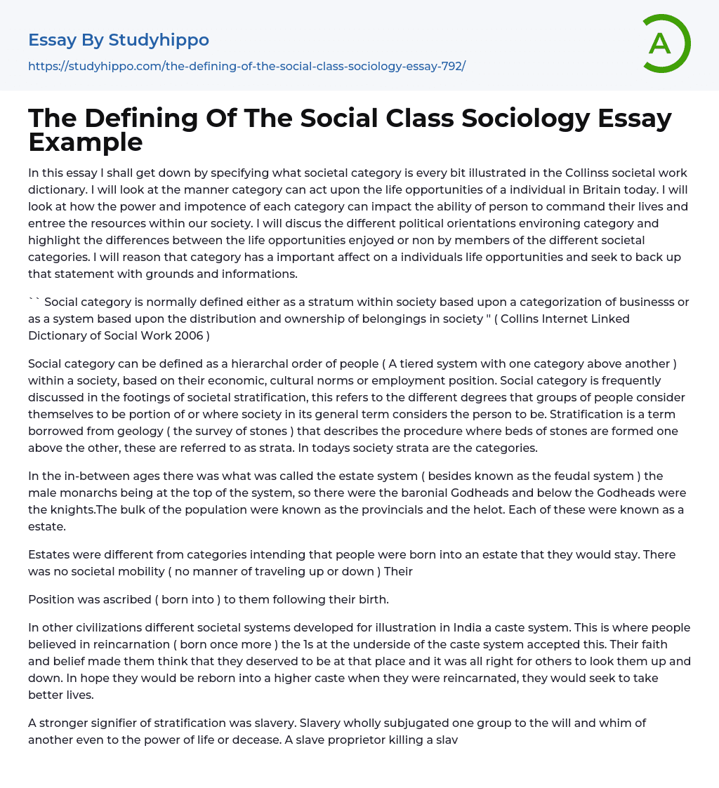 The Defining Of The Social Class Sociology Essay Example