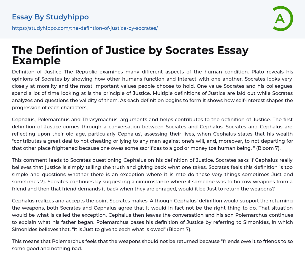 The Defintion of Justice by Socrates Essay Example
