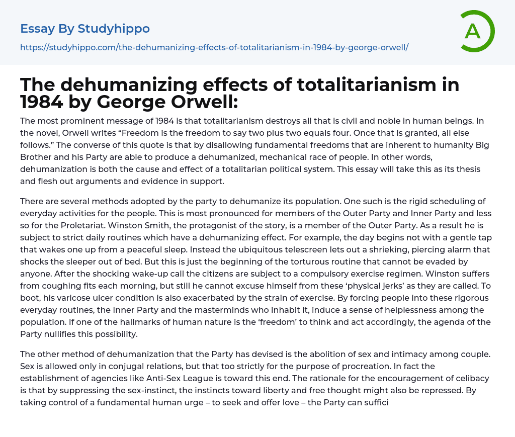 The dehumanizing effects of totalitarianism in 1984 by George Orwell: Essay Example