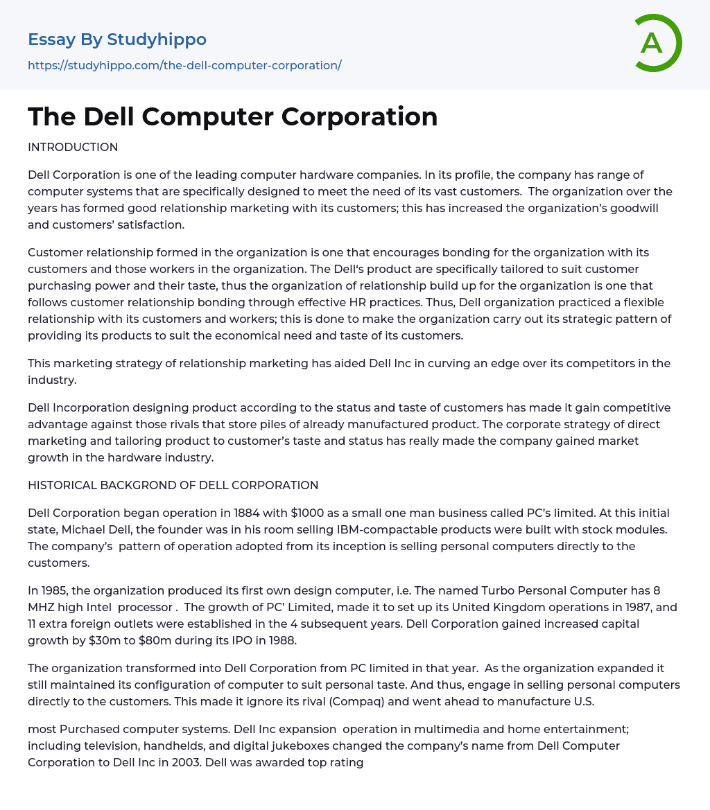The Dell Computer Corporation Essay Example