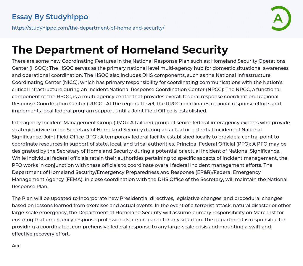 The Department of Homeland Security Essay Example
