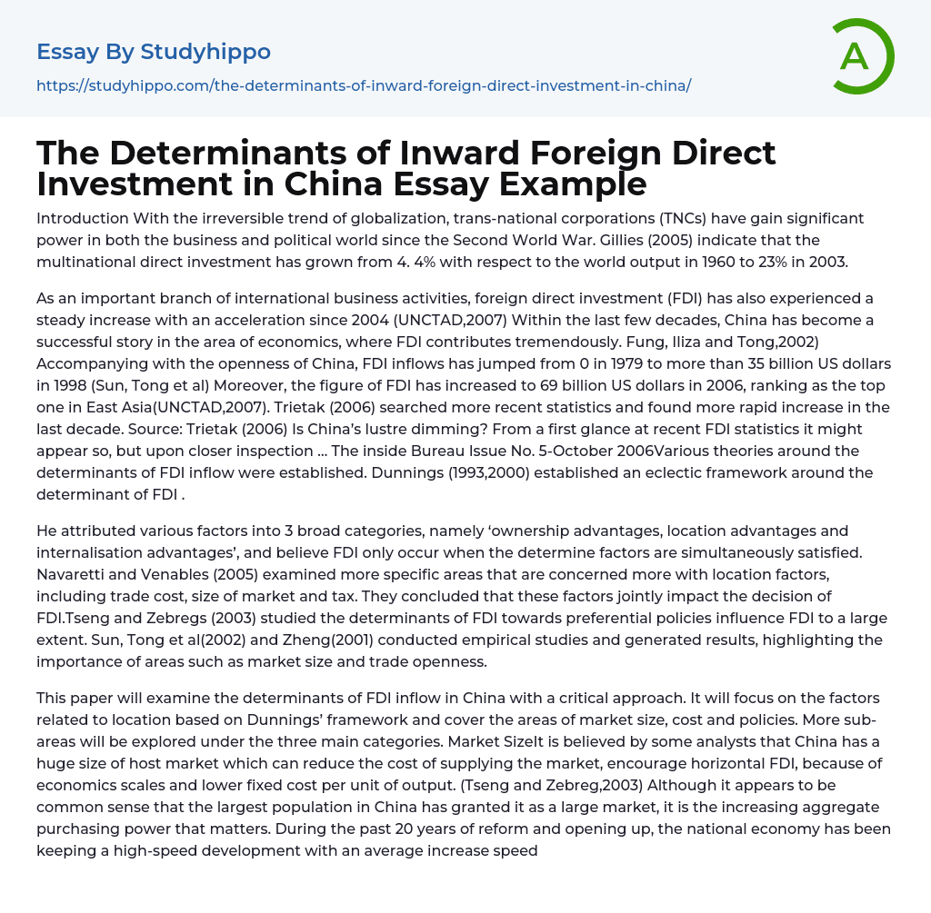 The Determinants of Inward Foreign Direct Investment in China Essay Example