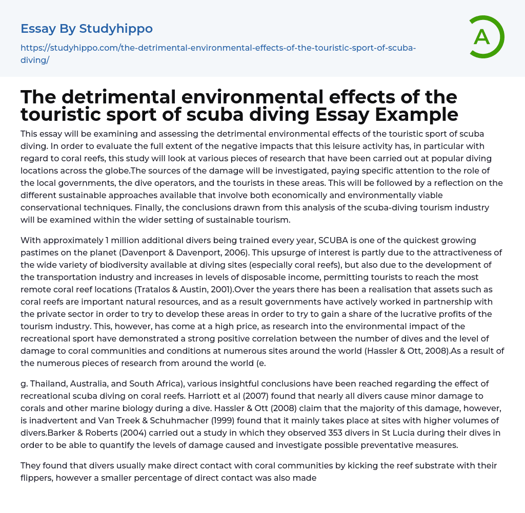 The detrimental environmental effects of the touristic sport of scuba diving Essay Example