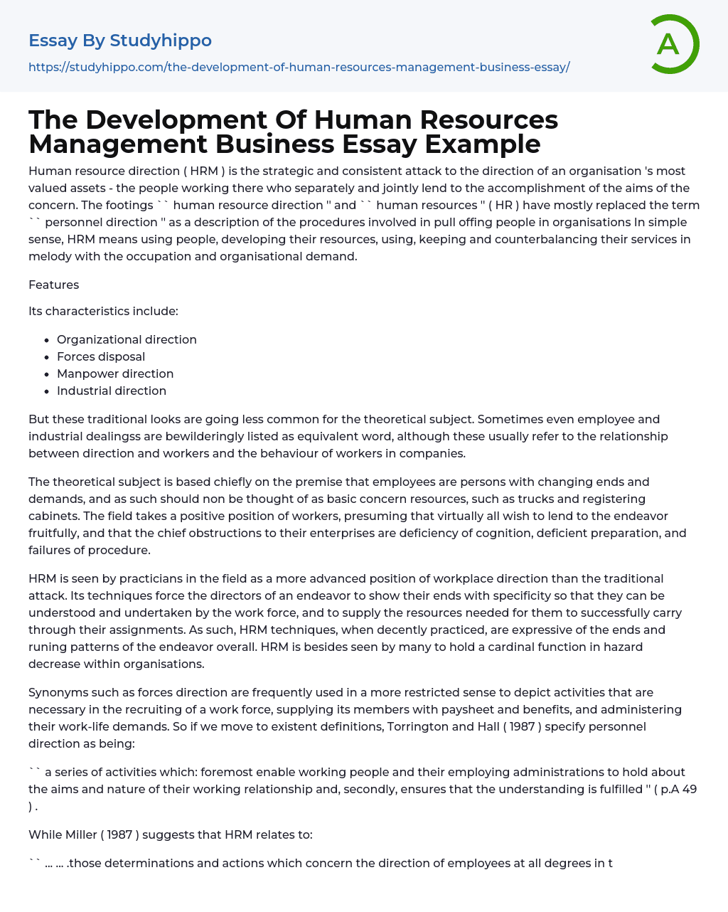 The Development Of Human Resources Management Business Essay Example