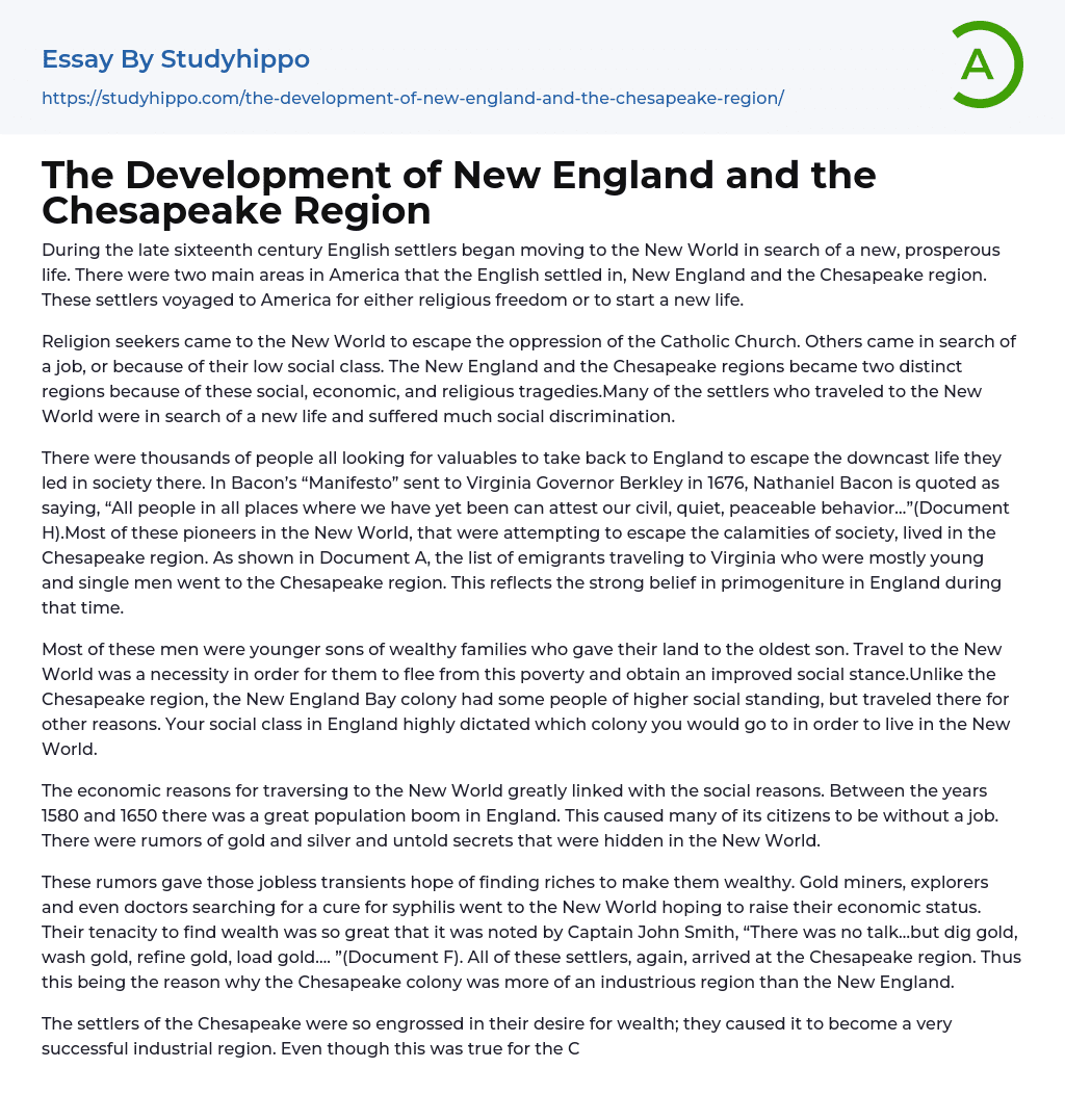 The Development of New England and the Chesapeake Region Essay Example
