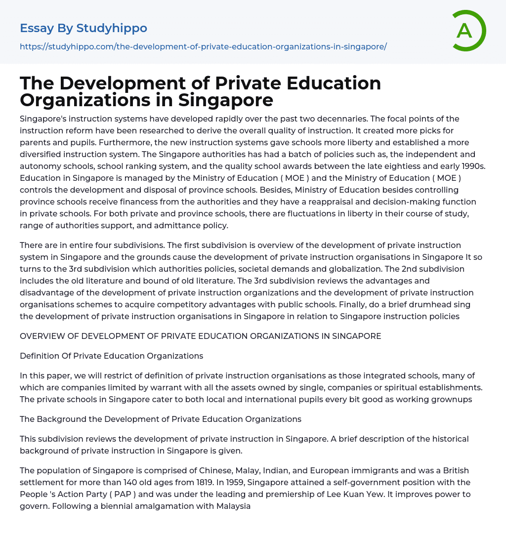 The Development of Private Education Organizations in Singapore Essay Example