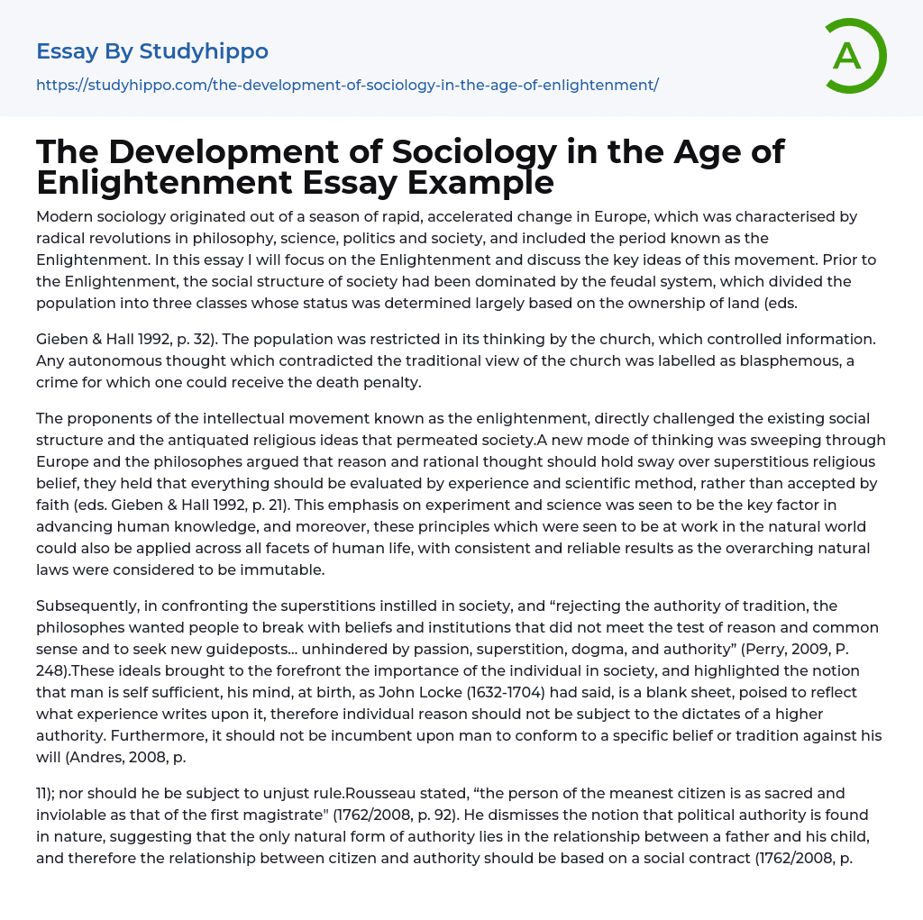 The Development of Sociology in the Age of Enlightenment Essay Example