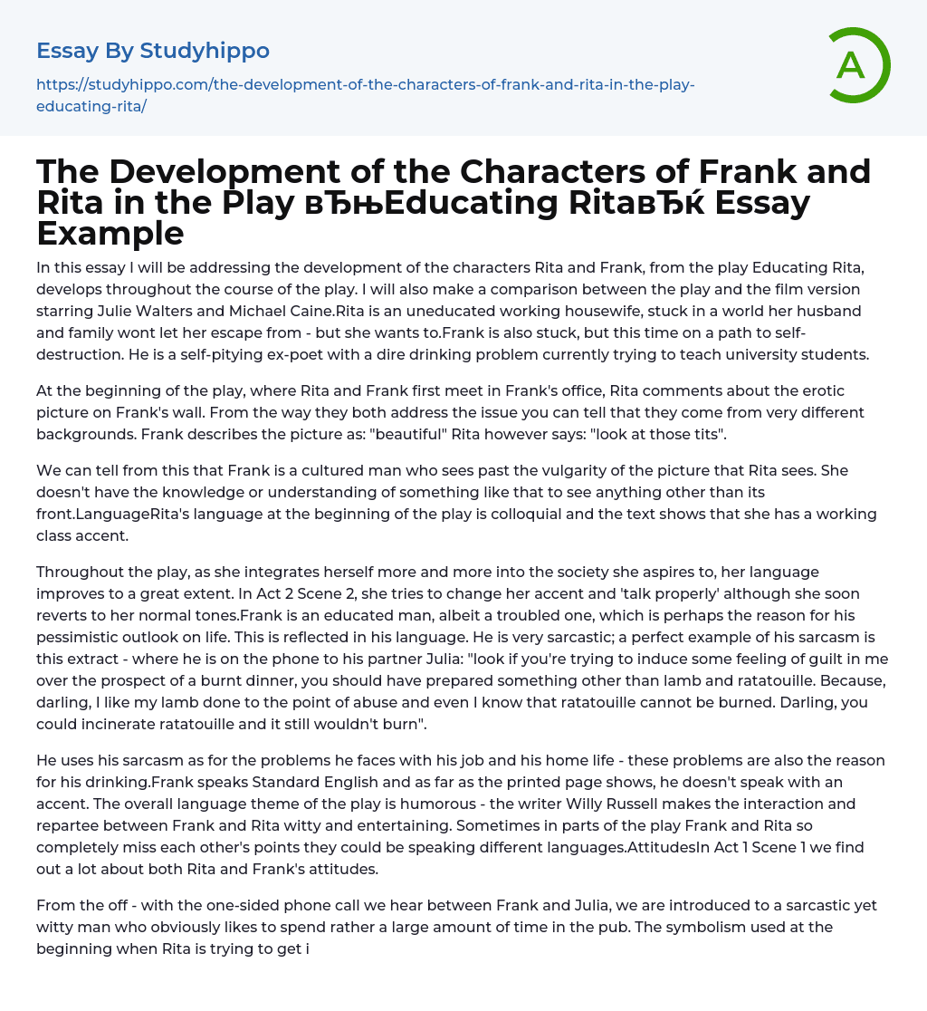 The Development of the Characters of Frank and Rita in the Play “Educating Rita” Essay Example