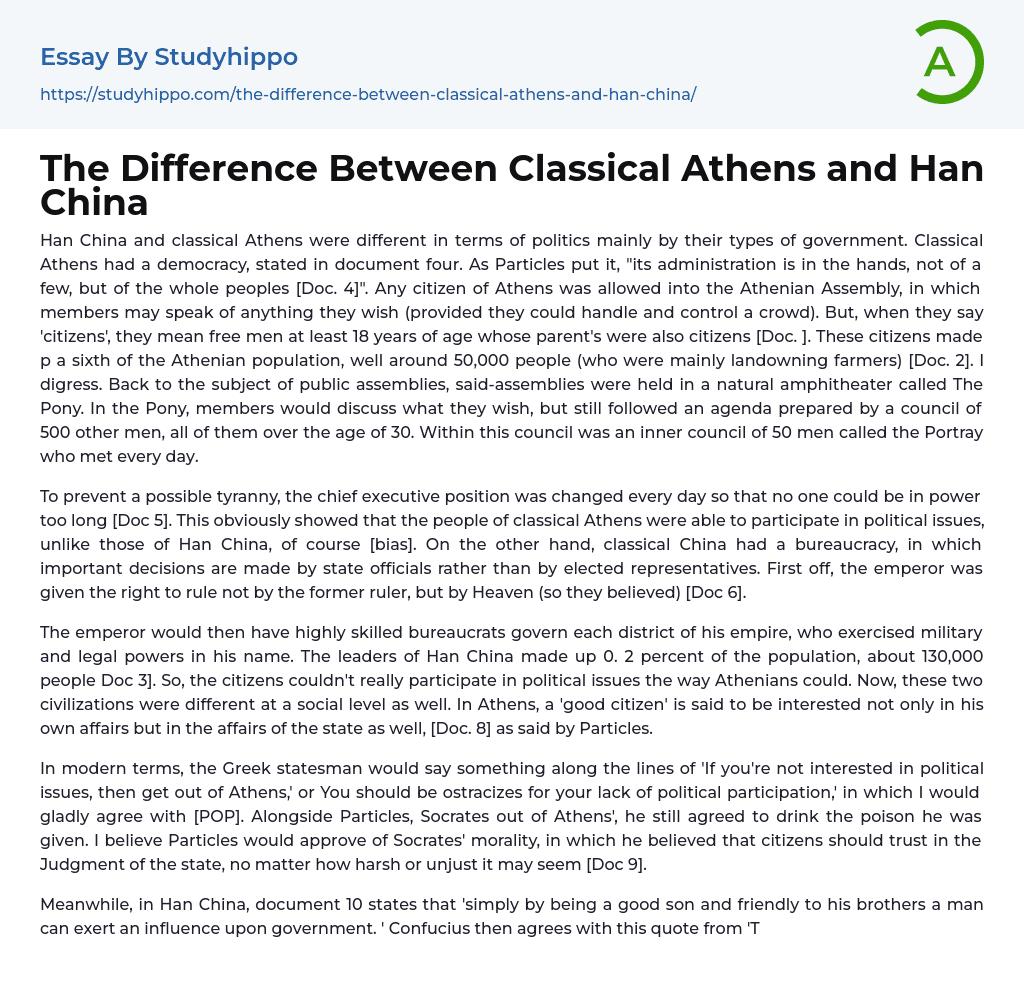 The Difference Between Classical Athens and Han China Essay Example