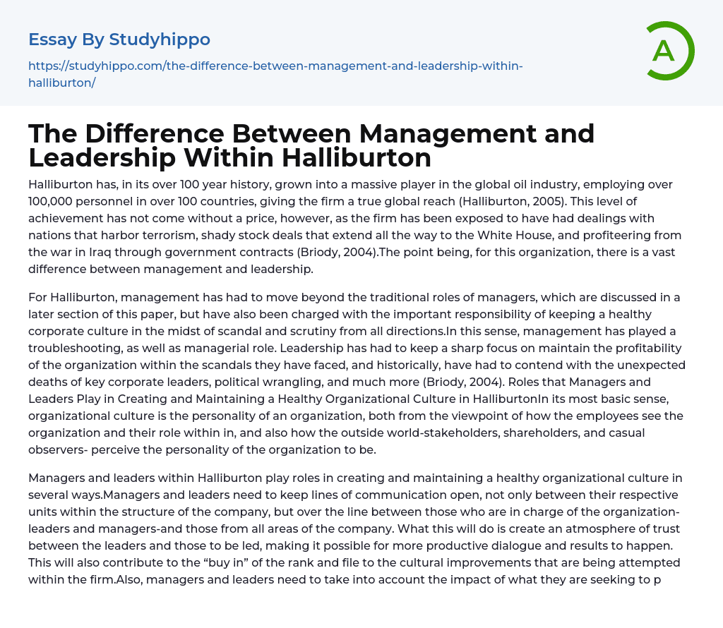 The Difference Between Management and Leadership Within Halliburton Essay Example