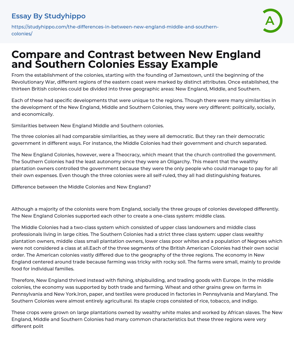 Compare and Contrast between New England and Southern Colonies Essay Example