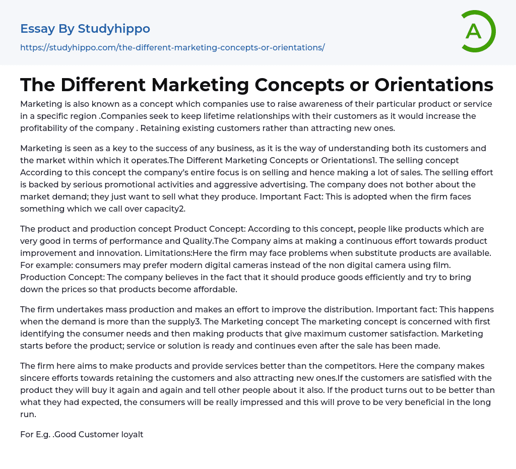 The Different Marketing Concepts or Orientations Essay Example