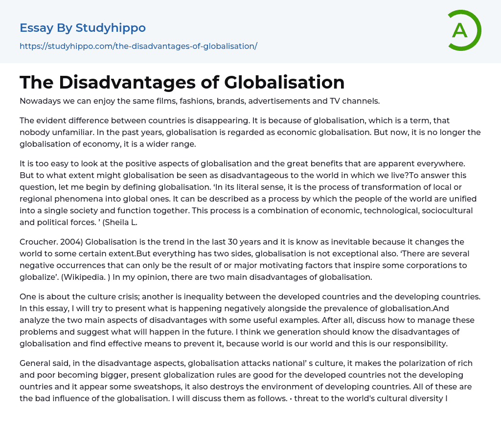 The Disadvantages of Globalisation Essay Example
