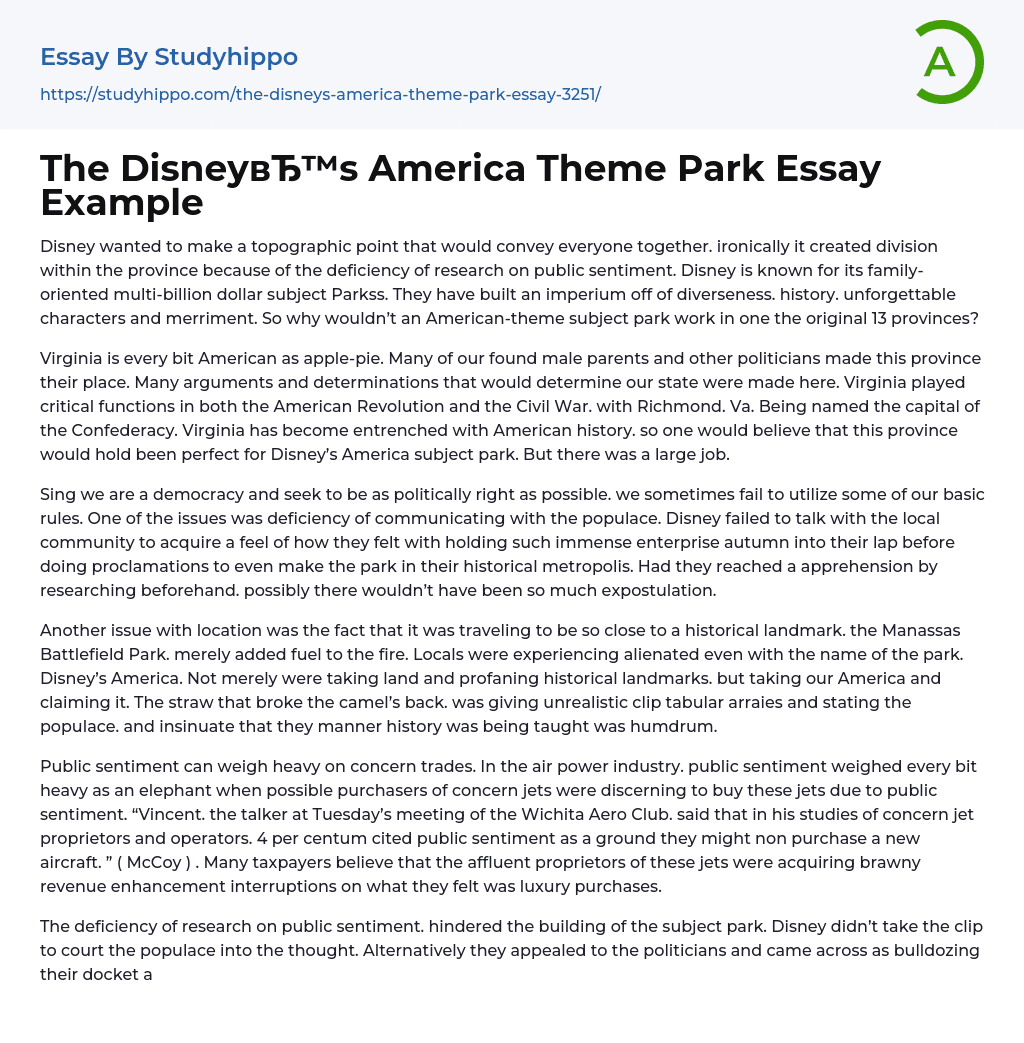The Disney’s America Theme Park Essay Example