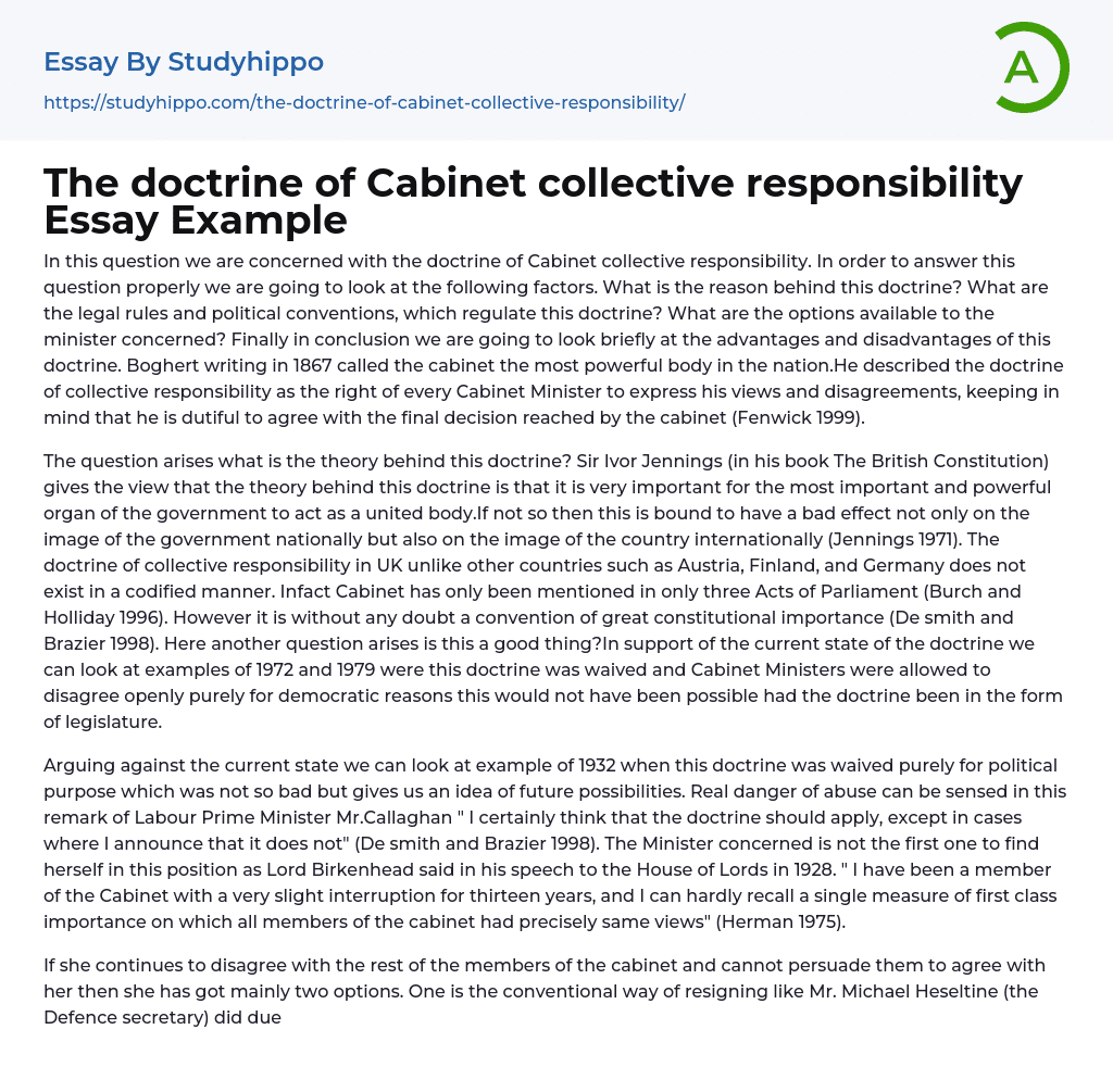 The doctrine of Cabinet collective responsibility Essay Example