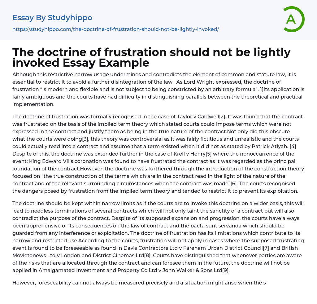 The doctrine of frustration should not be lightly invoked Essay Example