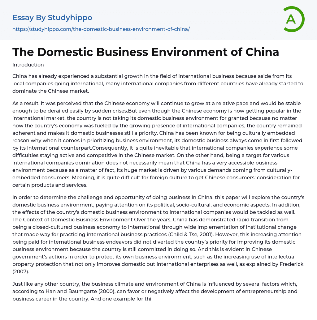 The Domestic Business Environment of China Essay Example