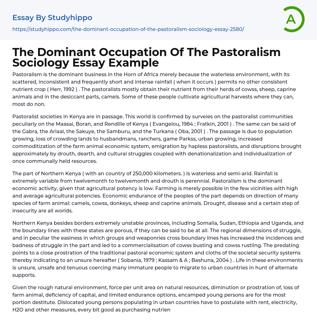 The Dominant Occupation Of The Pastoralism Sociology Essay Example