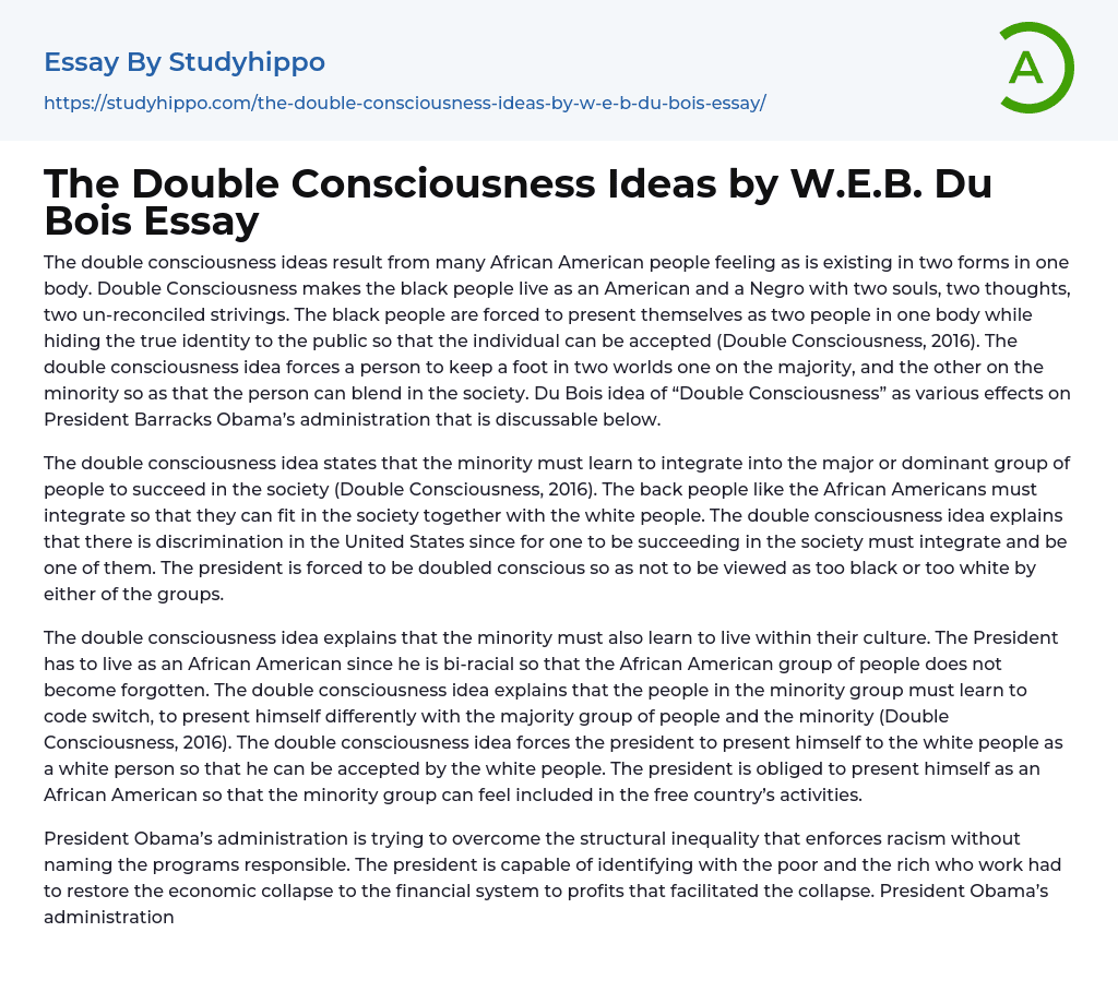 The Double Consciousness Ideas by W.E.B. Du Bois Essay