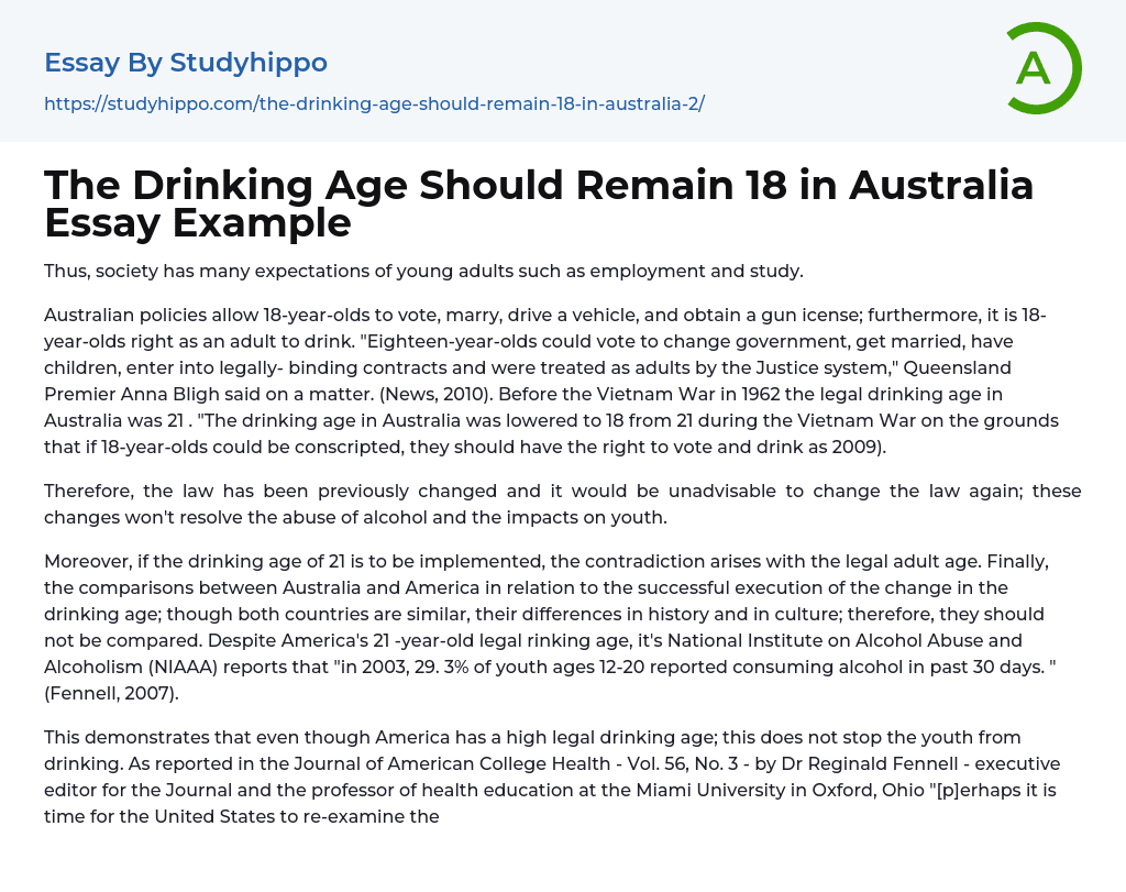 The Drinking Age Should Remain 18 in Australia Essay Example