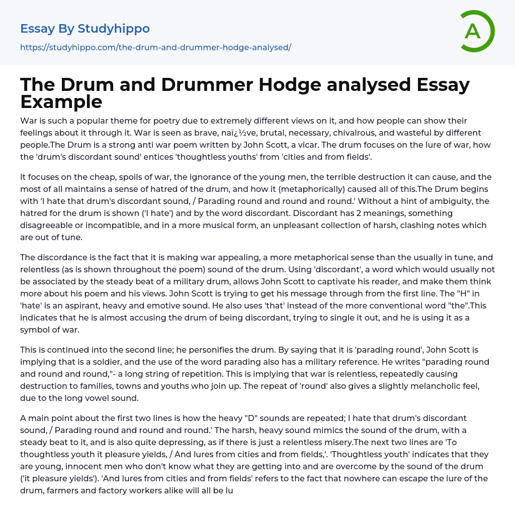 The Drum and Drummer Hodge analysed Essay Example