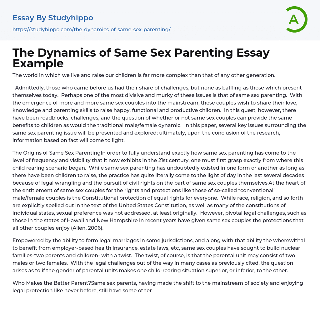 The Dynamics of Same Sex Parenting Essay Example