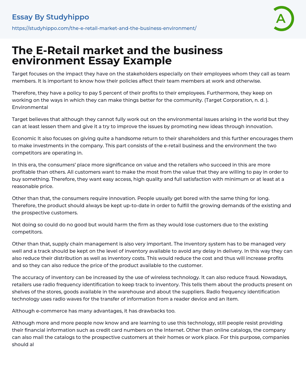 The E-Retail market and the business environment Essay Example