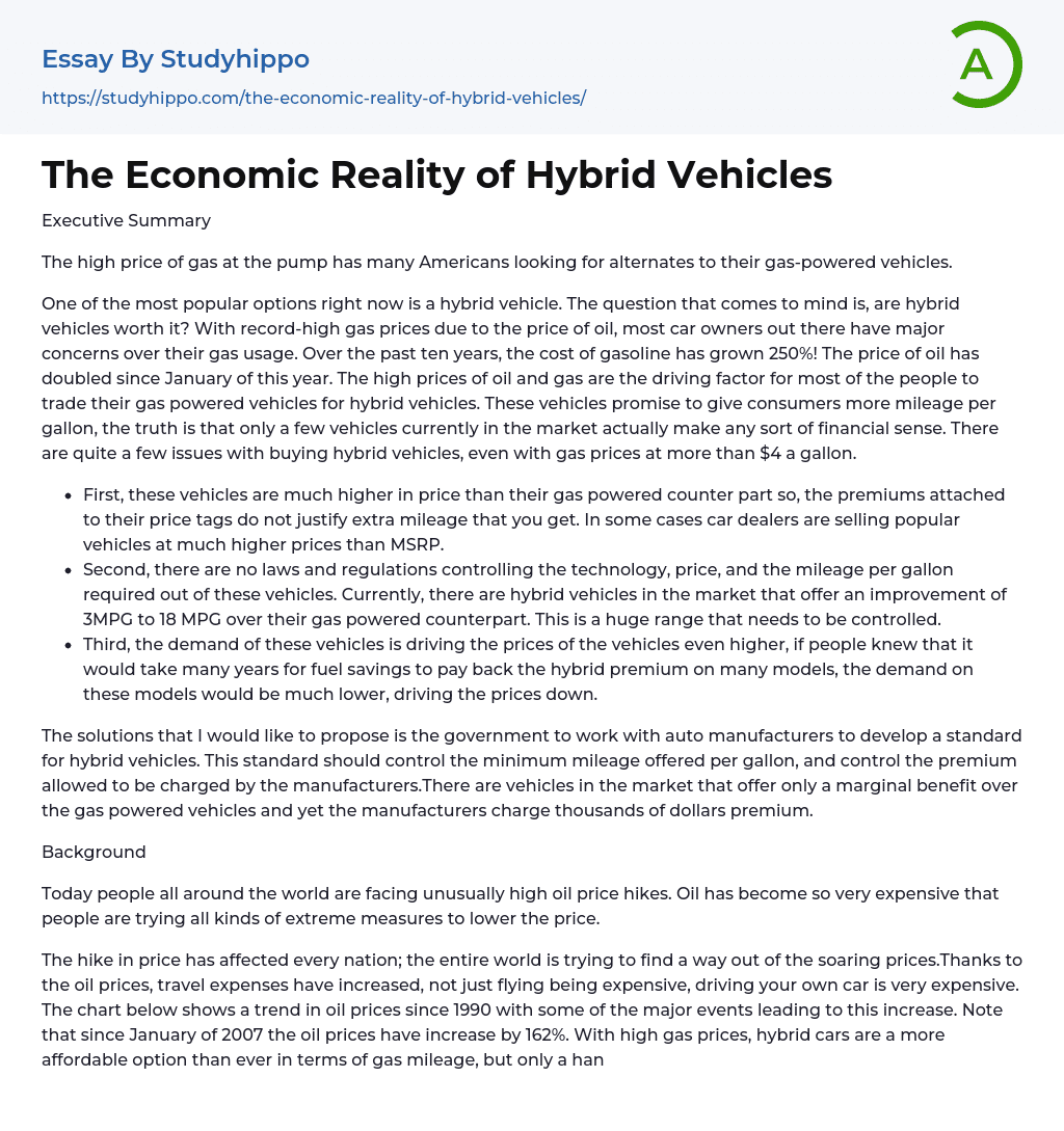 The Economic Reality of Hybrid Vehicles Essay Example