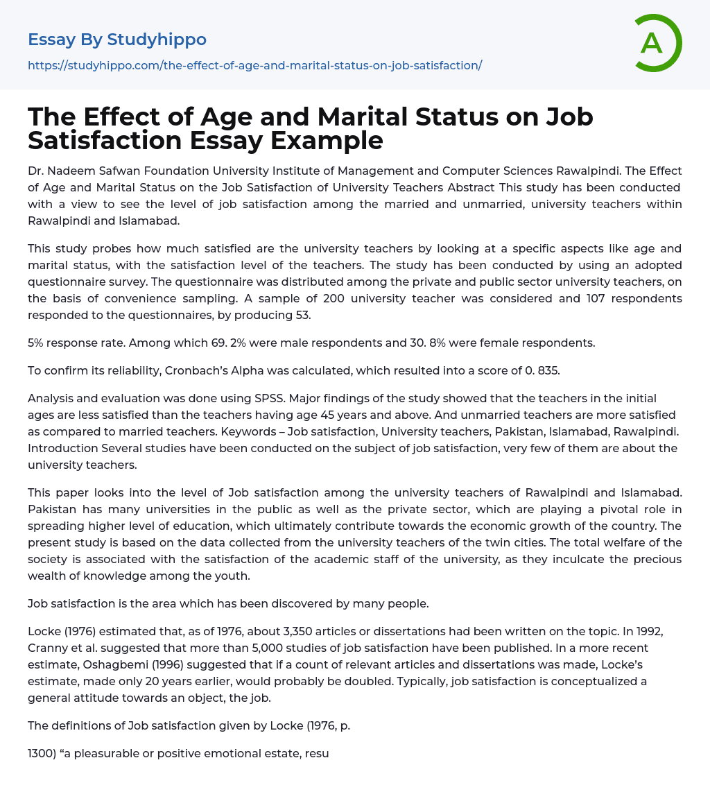 The Effect of Age and Marital Status on Job Satisfaction Essay Example