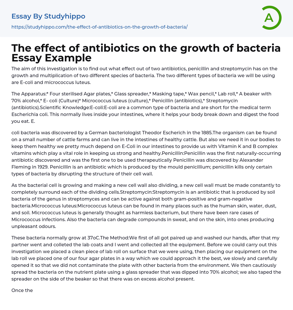 The effect of antibiotics on the growth of bacteria Essay Example