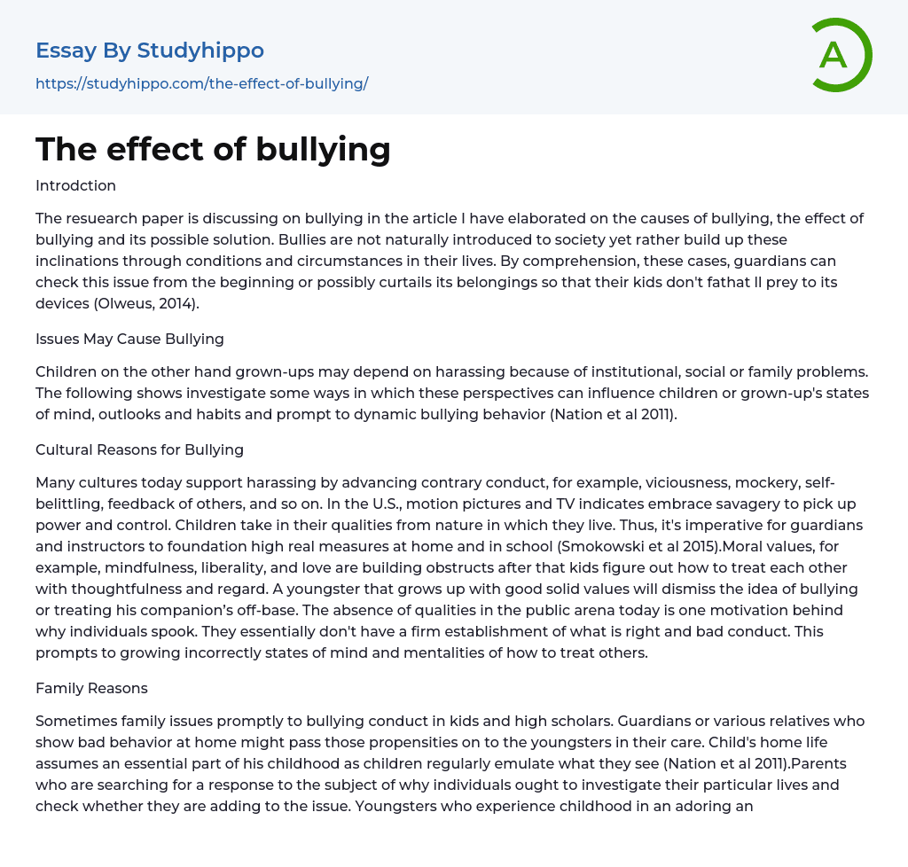 The effect of bullying Essay Example
