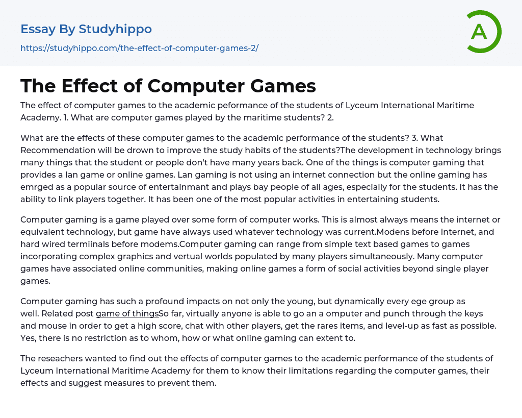 The Effect of Computer Games Essay Example