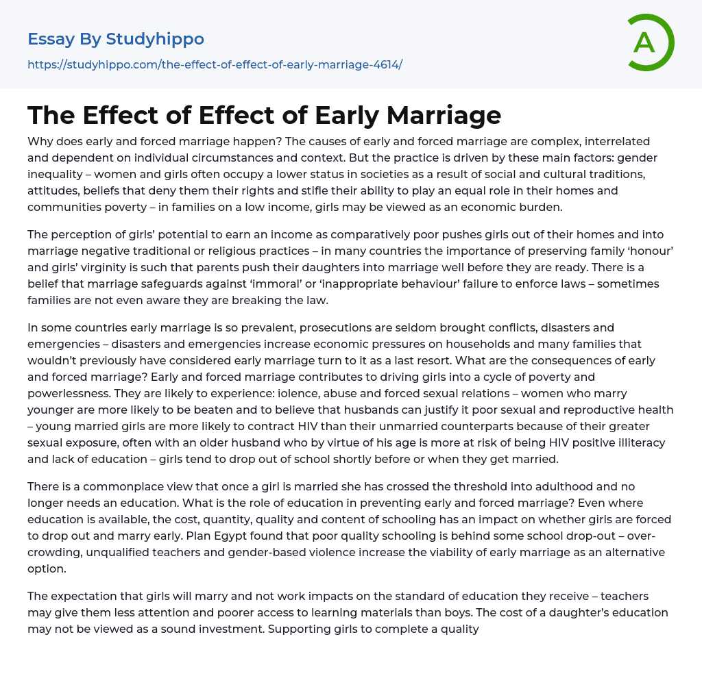 The Effect of Effect of Early Marriage Essay Example