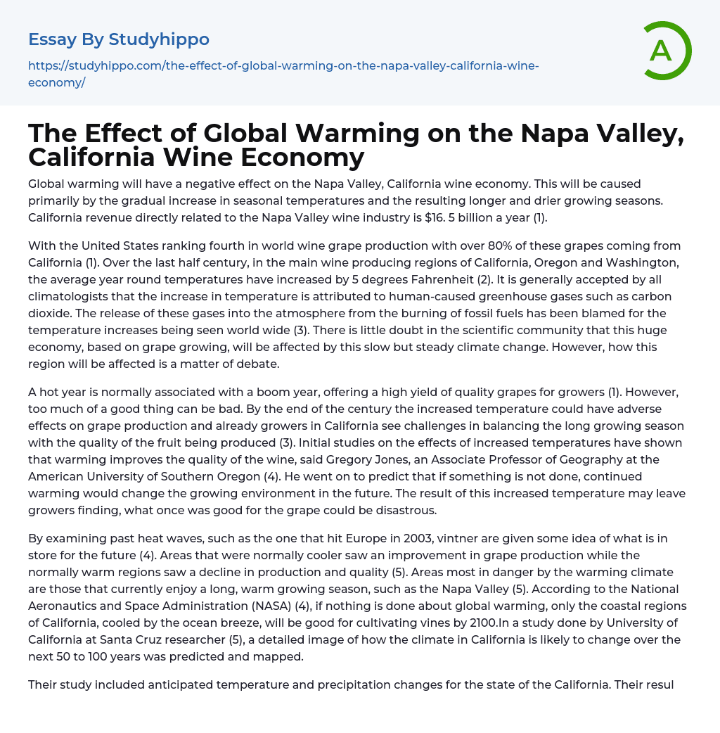 The Effect of Global Warming on the Napa Valley, California Wine Economy Essay Example