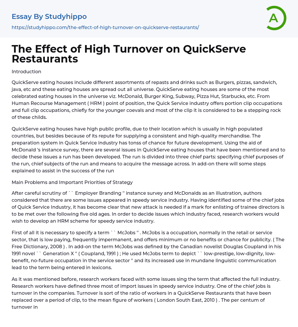 The Effect of High Turnover on QuickServe Restaurants Essay Example