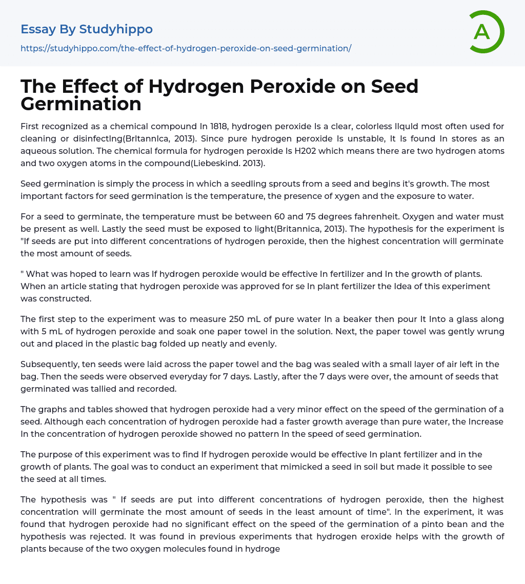 The Effect of Hydrogen Peroxide on Seed Germination Essay Example