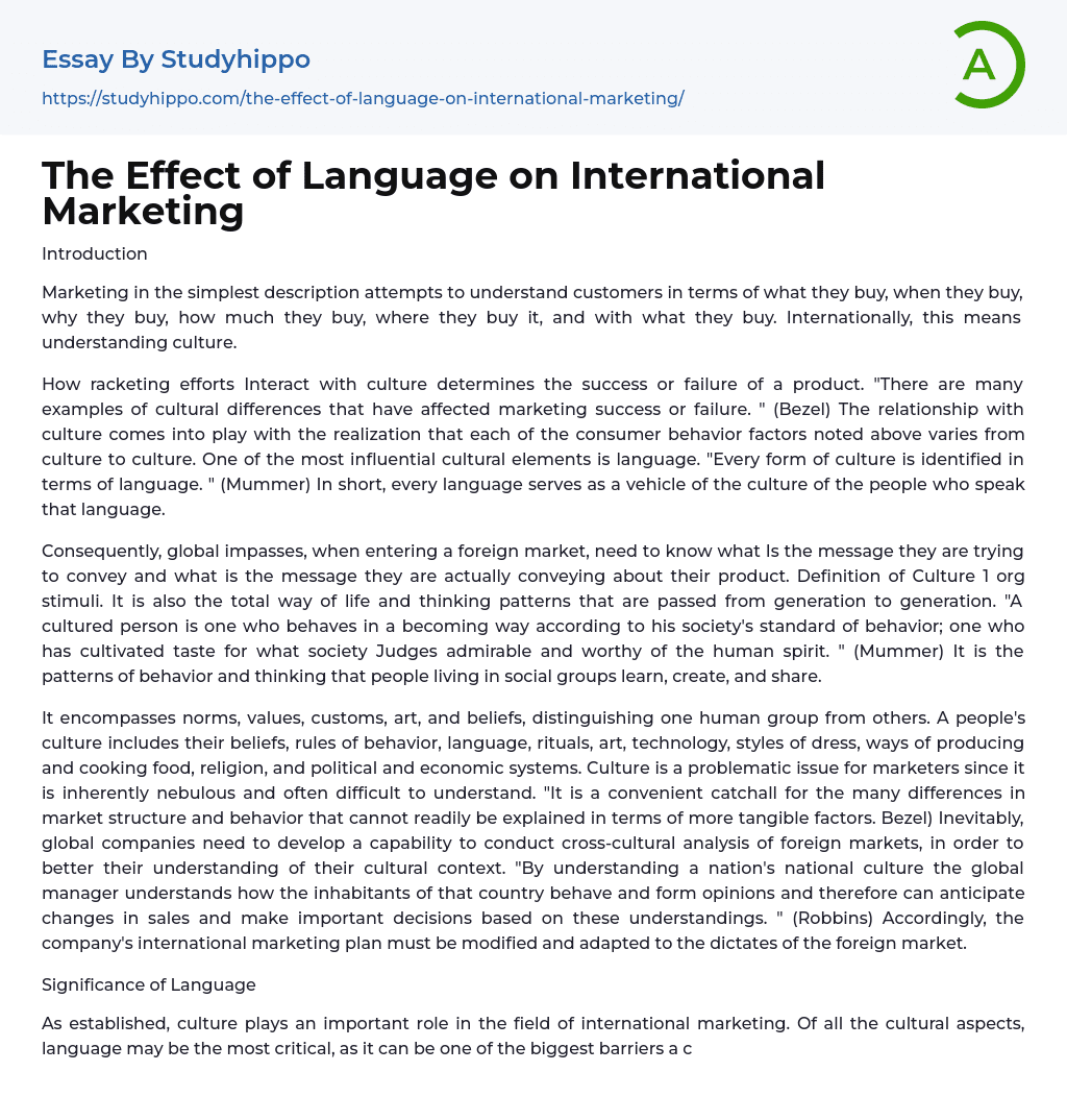 The Effect of Language on International Marketing Essay Example
