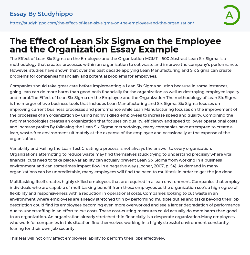 The Effect of Lean Six Sigma on the Employee and the Organization Essay Example