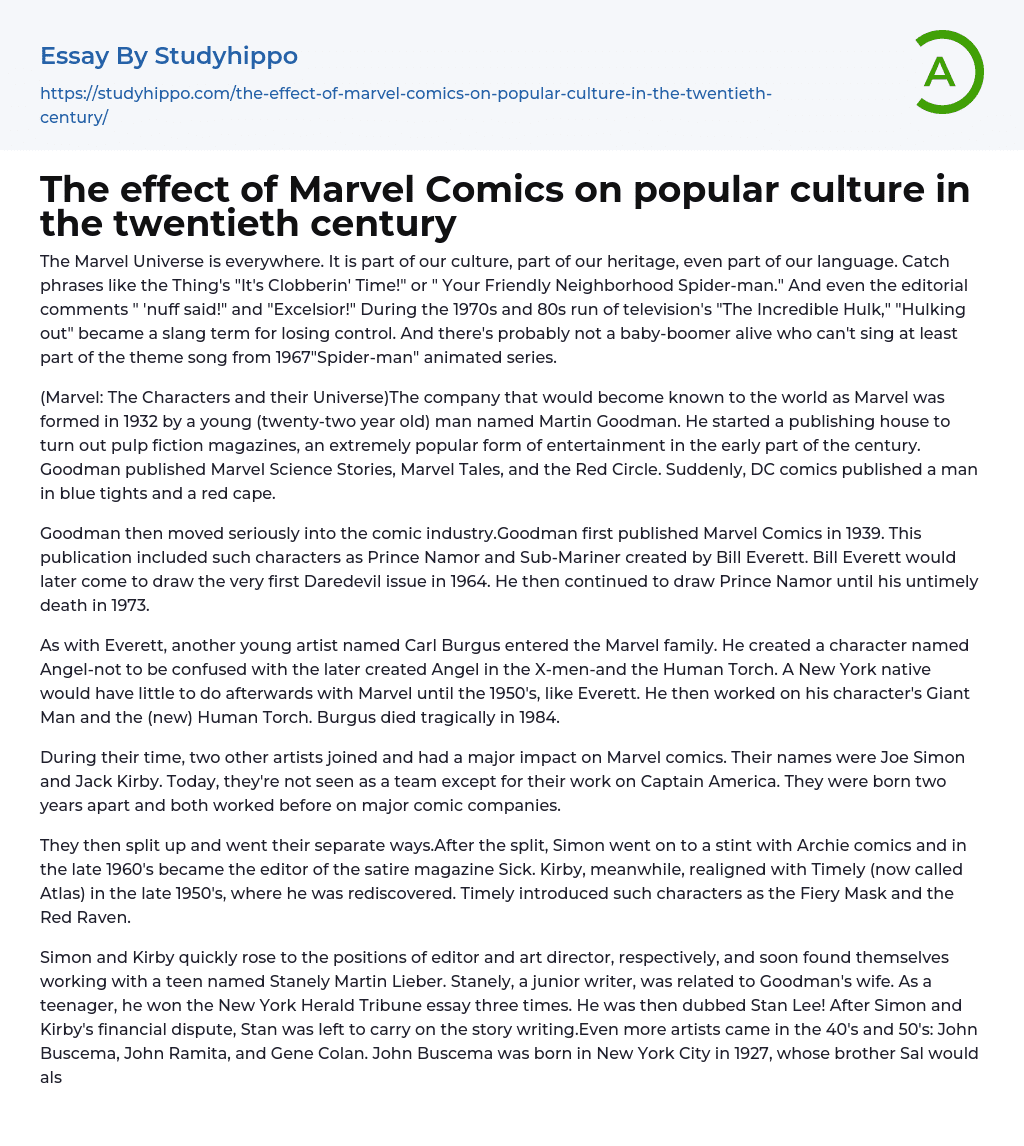 The effect of Marvel Comics on popular culture in the twentieth century Essay Example